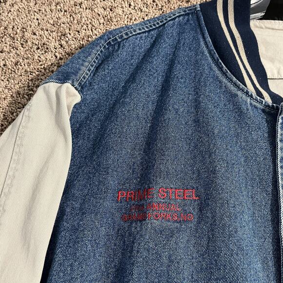 Vintage 90s Denim Varsity Jacket Mens 2XL Blue White Embroidered Car Show - Picture 4 of 11